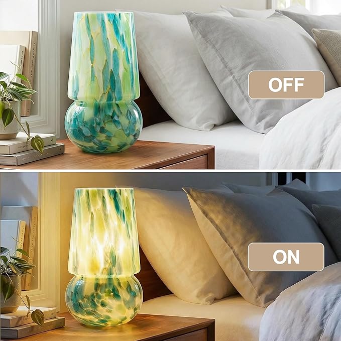 9.8 Inch Mushroom Table Lamp, UL Listed Dimmable Small Desk Bedside Lamp with Woven Beige Cord, Handcrafted Pattern, Murano Home Decor for Bedroom, Living Room, Emerald Teal, No Bulb Included