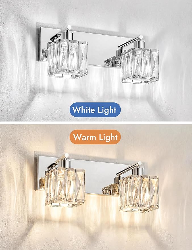 VOLISUN Chrome Bathroom Light Fixtures, Modern Stainless Steel Bathroom Lighting Fixtures Over Mirror, 2 Light Bathrooms Vanity Light, Crystal Vanity Light for Bathrooms-UL Certificated(Exclude Bulb)
