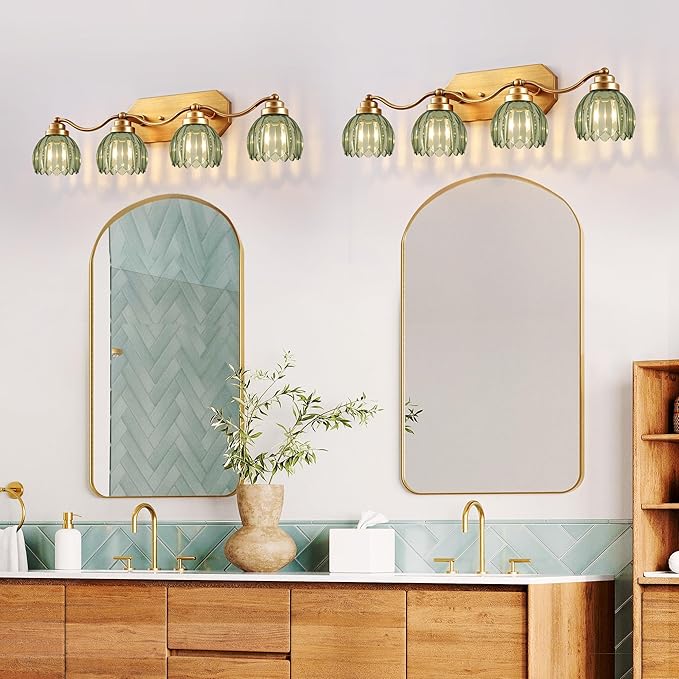 VbiTmn Gold Bathroom Light Fixtures, 4 Light Vintage Vanity Lights, Antique Brass Brushed Gold Finish, Crystal Green Glass Shade, Mid Century Wall Sconces for Bedroom, Living Room, Hallway