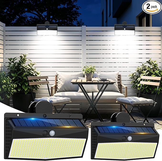 Peasur 2 Pack 368 LED Clip On Solar Lights Outdoor, Motion Sensor Lights with 3 Modes, Solar Security Light Waterproof for Outside Fence, Deck, Gutter, Camping