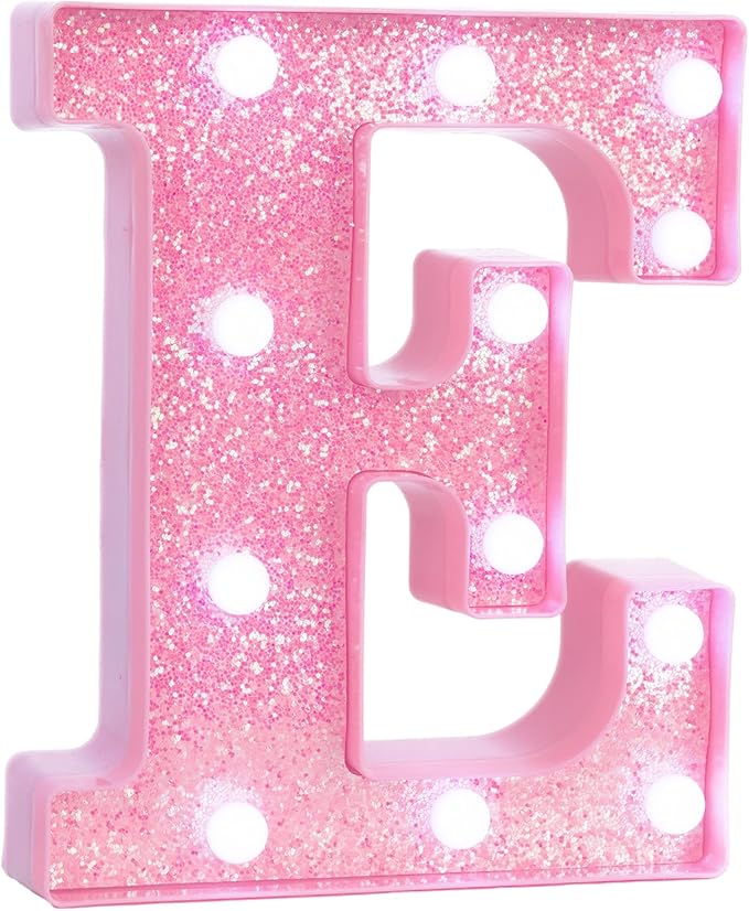 Pink Marquee Light Up Letters, Glitter Alphabet LED Letter Lights for Pink Birthday Party Decorations, Battery Operated Letter Sign for Girls Room Vanity Table Decor, Cool White Lights Letter E