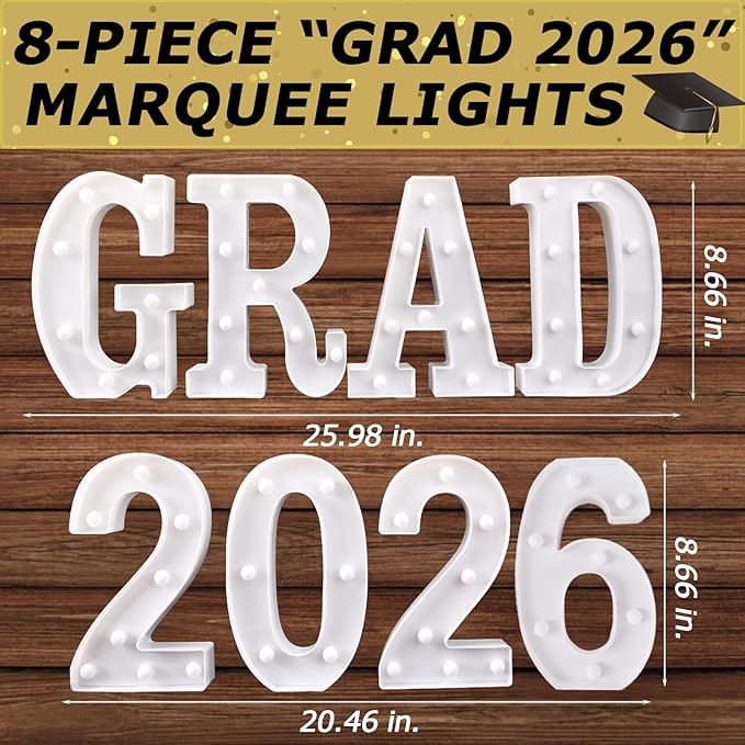 Graduation Decorations 2025 - 8 Light Up LED Marquee Letters "GRAD 2025" - Class of 2025 Ornaments Sign for Kindergarten Middle School Centerpiece Party Decorations