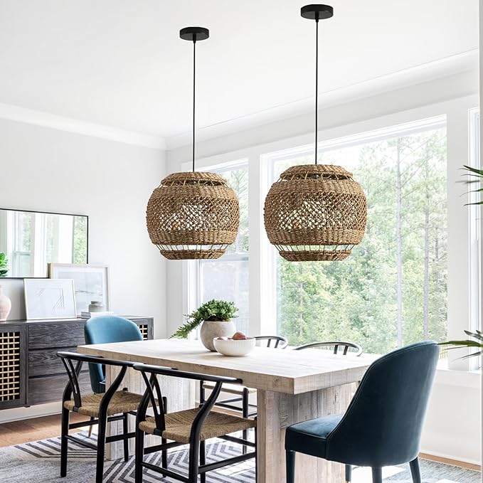 Rattan Pendant Light 13.78" Boho Wicker Seagrass Pendant Light Hand Woven Water Plants Rattan Chandelier for Dining Living Bedroom Kitchen Farmhouse