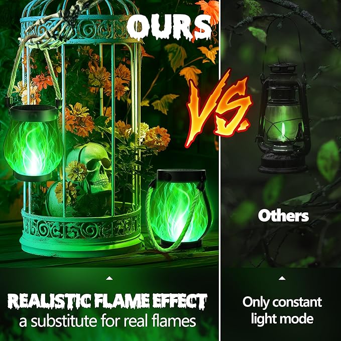 iBaycon 2 Pack Gen2 Solar Lantern Lights USB Halloween Flame Lamp, Green | Solar Garden Lights with Dual Charging USB & Solar, 2 Modes Outdoor Waterproof Hanging Lantern for Home Halloween Decor
