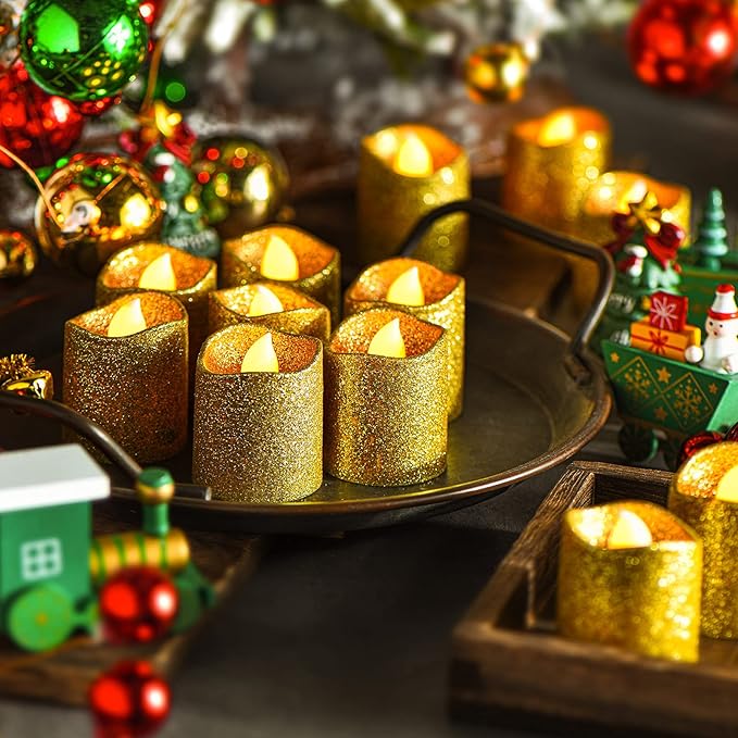 Honoson 24 Pack Gold Candles Party Decoration Flameless LED Tea Light Battery Operated Candle for Halloween Christmas Valentine Diwali Wedding Table Centerpiece