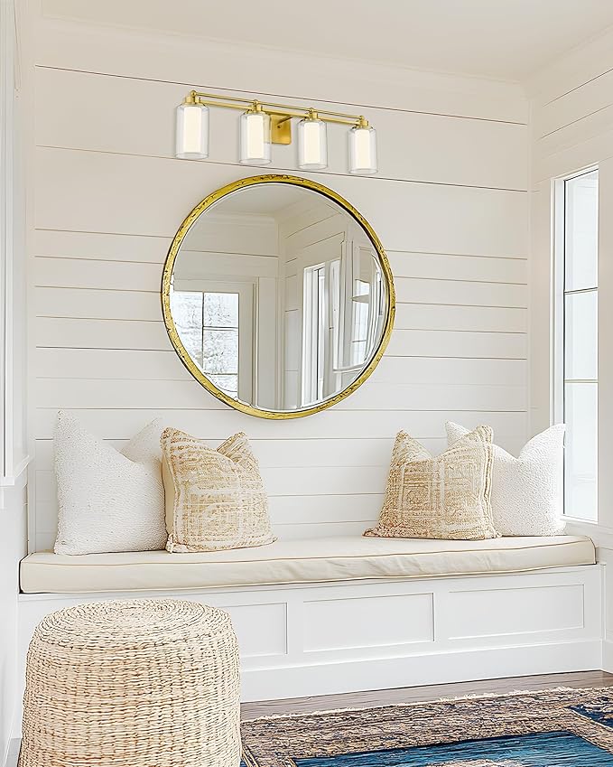 4 Light Bathroom Vanity Light, HWH Brushed Gold Vanity Lights for Bathroom, Brass Gold Wall Light Fixtures Clear Glass, Dimmable LED Vanity Lights for Mirror 24W 5CCT, 5HLT63B-4W-LED BG