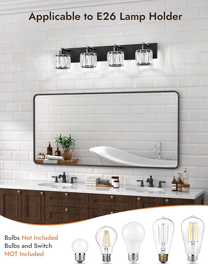 VOLISUN Crystal Vanity Lights for Bathrooms, 4 Light Bathroom Vanity Light, Modern Matte Black Bathroom Light Over Mirror, Black Bathrooms Lights Fixtures-UL Certificated(Exclude Bulb)