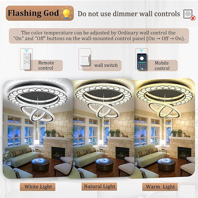 Flashing God Dia 48" Large Crystal Chandelier Modern Black Chandeliers LED Dimmable Flush Mount Chandelier Crystal Ceiling Light for Living Room Bedroom Foyer