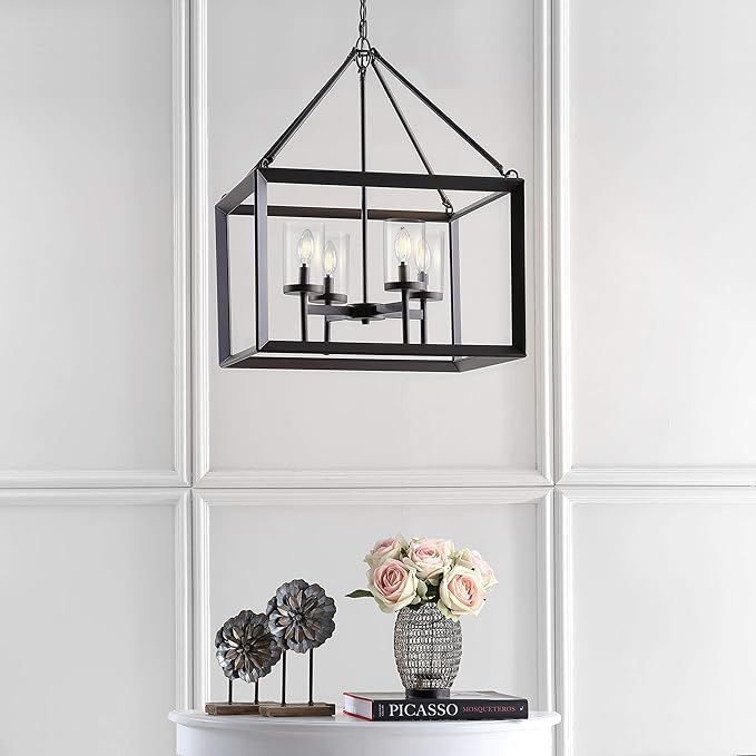JONATHAN Y 21" Oil Rubbed Bronze/Clear 4-Light Lantern Pendant, LED Ceiling Light for Foyer Kitchen Island Entryway, Traditional Metal Fixture with Clear Glass Shade, ETL Listed (JYL7413A)