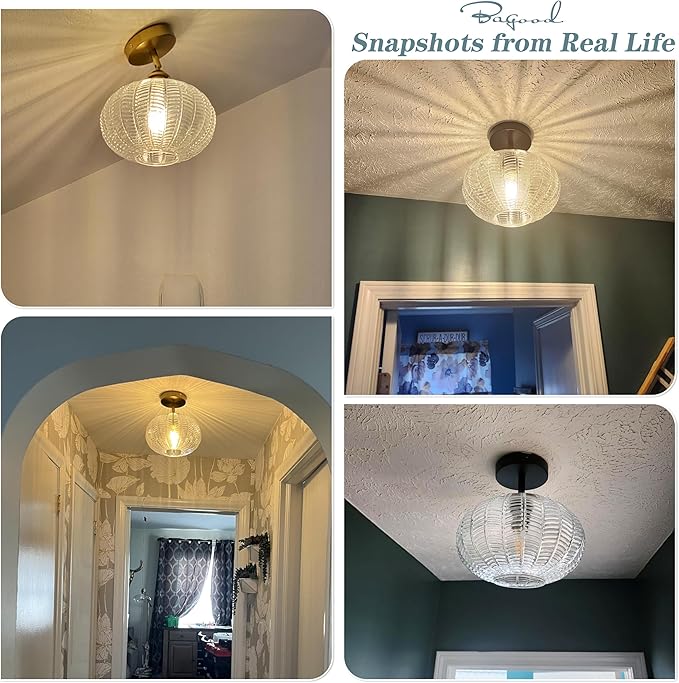 Bagood Gold Semi Flush Mount Ceiling Light Fixture Vintage Ceiling Light Fixture Farmhouse Globe Glass Mid Century Textured Glass Hallway Fixture for Bathroom Entryway (Bulb Incl.)