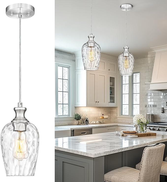 Pendant Lights Kitchen Island, Modern Brushed Nickel Hanging Lights Fixtures with Hand-Blown Hammered Clear Glass, Farmhouse Kitchen Island Lighting Over Sink, AD-24027-1P-SN