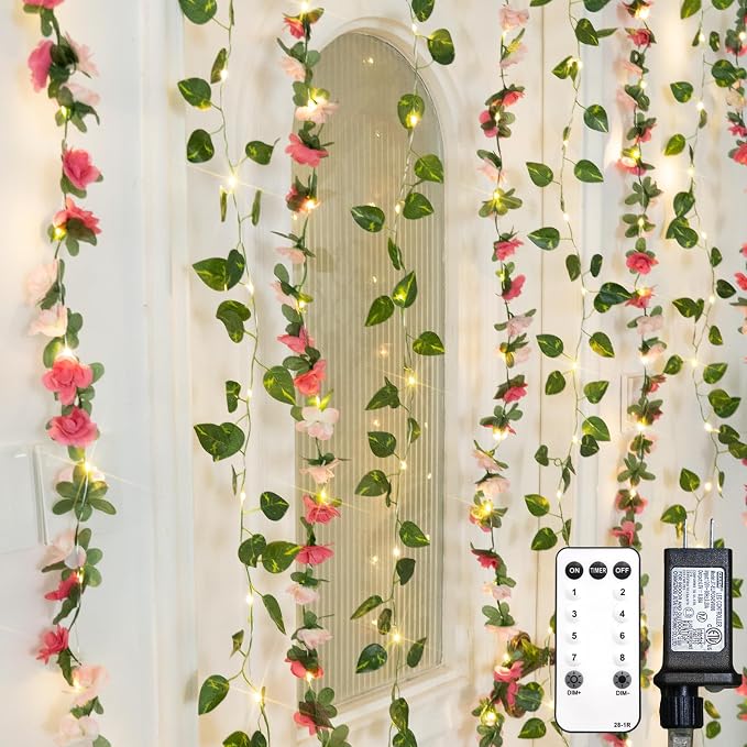 suddus 300 LED Artificial Flower Garland Pothos Vines Curtain Lights, Rose Vines Fairy Lights for Bedroom, Hanging String Lights for Wall, Room, Dorm, Wedding, Party, Indoor Decor 6.8ft x 6.5ft