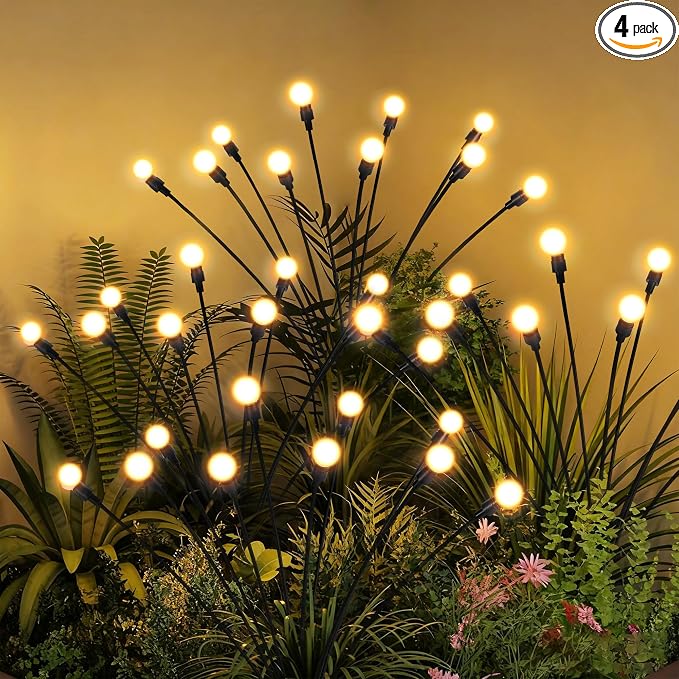 Solar Garden Lights, LED Swaying Solar Lights Outdoor Waterproof, Warm White Firefly Outdoor Decorative Lights, Garden Decor, Yard, Patio, Pathway Decoration Gardening Gifts (4 Pack)