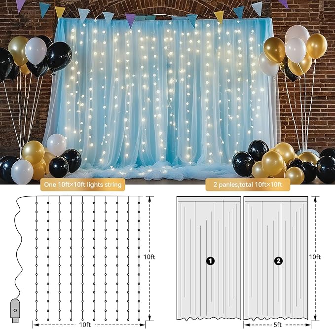 Ledido 4 Pack 10×10ft Blue Tulle Backdrop Curtains with Lights String - 1200LED Fairy Lights Sheer Curtain Backdrop for Wedding Baby Shower Photo Shoot Birthday Party Decoration(8 Panels 5×10ft)，Blue