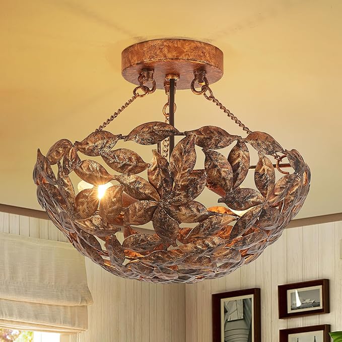 Vintage Flush Mount Ceiling Light with Leaves Design Shade, Dome Hallway Lighting Fixture, Industrial Light Fixture for Bedroom Entryway Kitchen Laundry
