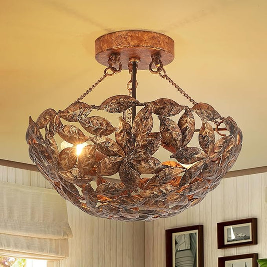 Vintage Flush Mount Ceiling Light with Leaves Design Shade, Dome Hallway Lighting Fixture, Industrial Light Fixture for Bedroom Entryway Kitchen Laundry