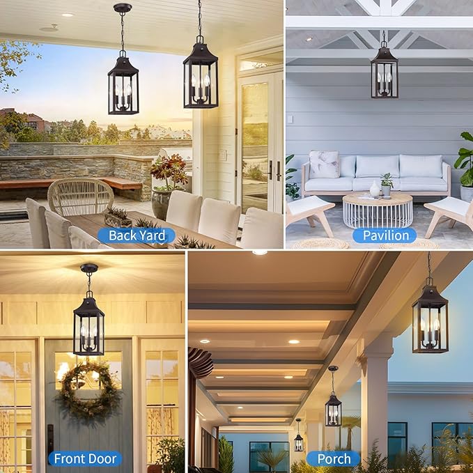 15.5'' Large Outdoor Pendant Light Fixtures 3-Light, Dusk to Dawn Exterior Hanging Lantern Porch Light Adjustable, Brown Hanging Lamp Farmhouse Exterior Chandelier Ceiling Mount for Entrance Patio