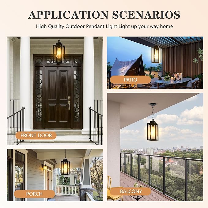 Outdoor Pendant Light Fixture Waterproof Outdoor Hanging Porch Light Anti-Rust Exterior Hanging Outdoor Lantern for Porch Yard Front Door Garage Balcony Patio Garden - 2 Pack