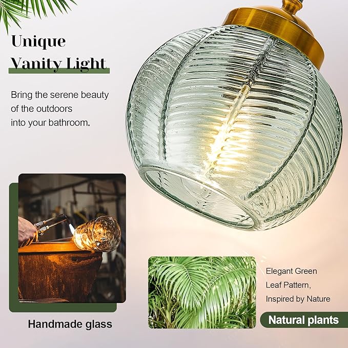 MOKATNG Bathroom Light Fixtures, 2-Light Green Vanity Lights with Unique Leaf Texture Glass Shade, Modern Matte Black and Gold Bathroom Wall Lamp for Mirror Hallway Cabinet Living Room