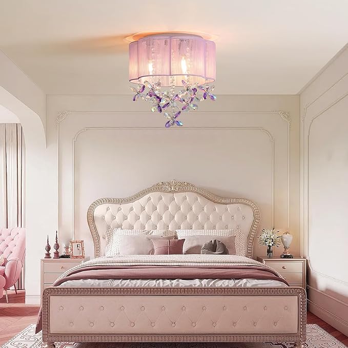 3 Light Bedroom Chandelier Ceiling Light Pink Lamp 13" Small Crystal Mini Chandelier Flush Mount Ceiling Light with Handmade Flower Lampshade for Girls' Bedroom,Closet,Nursery,Dinning Room Purple