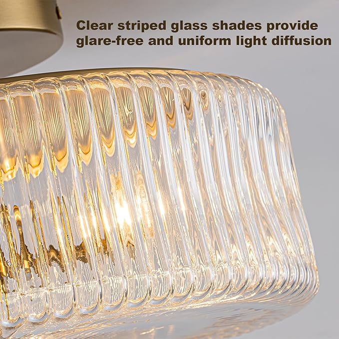 Mid-Century Modern Gold Semi Flush Mount Ceiling Light,3-Light Kitchen Ceiling Light Fixture with Clear Striped Glass Shades,for Bedroom,Hallway,Entryway (13.9 inch)