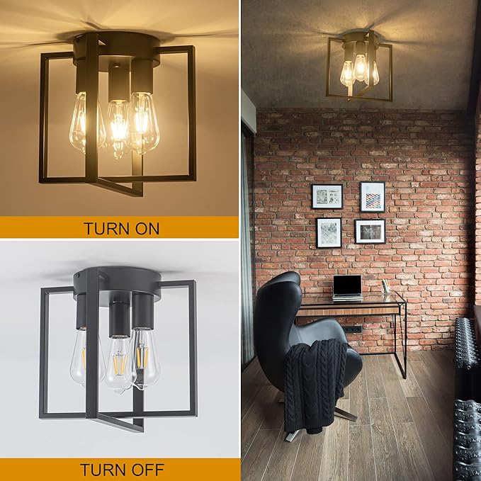 3-Light Flush Mount Ceiling Black Metal Frame Ceiling Light Farmhouse Light Fixture for Kitchen Island Entryway Porch Foyer Dining Room, E26 Ceramic Base