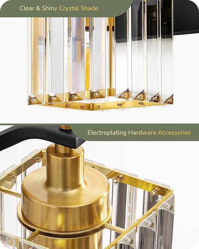 EDISHINE Bathroom Light Fixtures, Crystal Bathroom Vanity Lighting Fixtures Over Mirror, 2 Light Vanity Lights for Bath, Powder Room, E26 Base, Black Gold