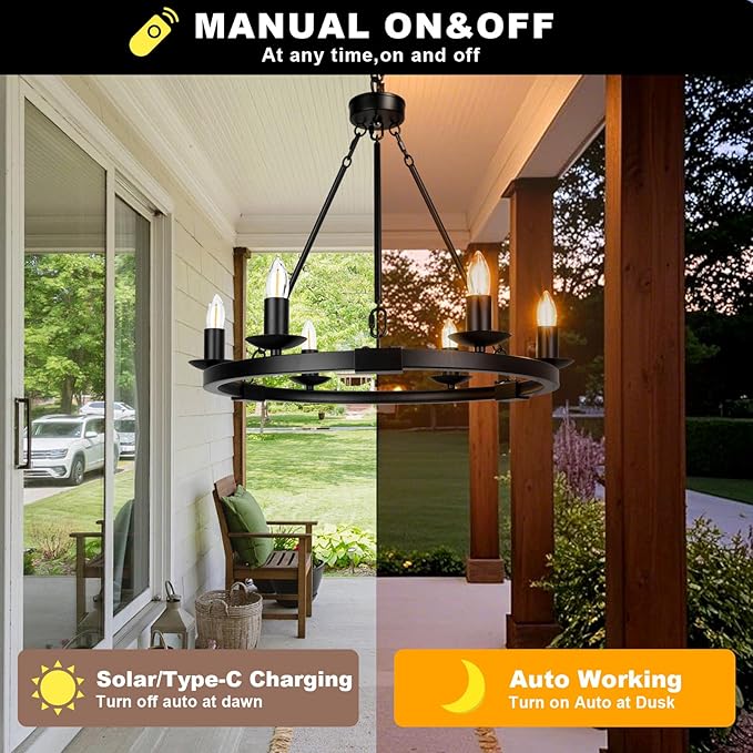 Solar Outdoor Chandelier, 6-Light 19" Chandelier Outdoor Waterproof Dimmable Hanging Pendant Lights, Farmhouse Style for Gazebo, Porch, Patio, Pergola, Decor Lighting