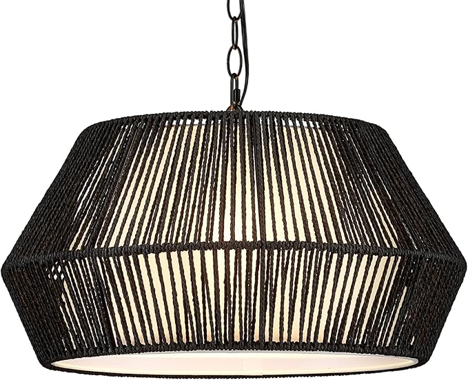 ELYONA 20" Modern Chandeliers for Dining Room, 4-Lights Large Rattan Chandelier Light Fixture with Fabric Shade Adjustable Boho Woven Hanging Pendant Light for Kitchen Island Living Room Bedroom Black