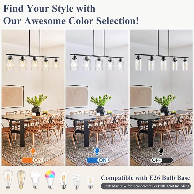 Dining Room Light Fixture Over Table, 5-Light Kitchen Island Lighting Hanging, Farmhouse Linear Chandelier for Dining Room, Matte Black Pendant Light Fixtures with Clear Glass Shade for Kitchen Island
