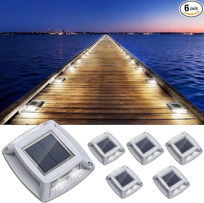 Solar Driveway Lights Outdoor 6 Pack, IP68 LED Solar Powered Waterproof Driveway Marker Deck Dock Lights for Dock Step Pathway Walkway Sidewalk Garden Yard Stair Marine (White)