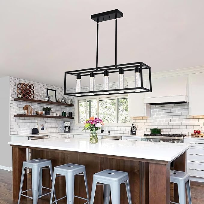 MELUCEE 5 Color Black Pendant Lights Kitchen Island, 5 Lights Modern Kitchen Island Lights 25W Dining Table Light Fixture with Crystal Bubble, Integrated LED Chandelier for Dining Room Billiard Room