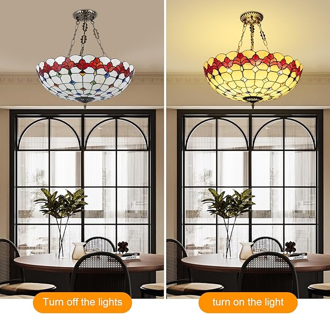 Vintage Pendant Light Fixtures, 20 Inch Stained Glass Hanging Lamp 100-240V Antique Style Ceiling Mount Fixture for Dining Room Living Room Kitchen Entryway-E26