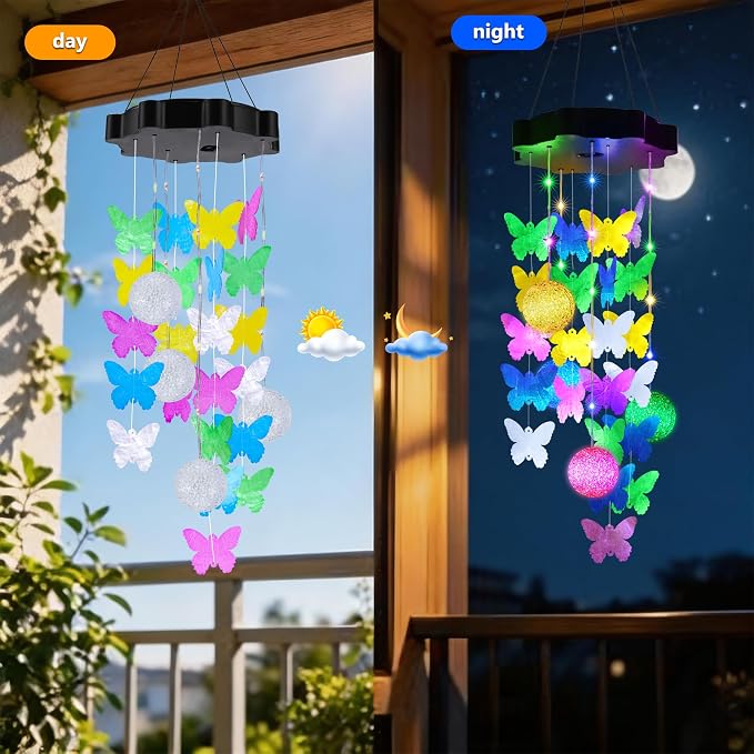 Zeiliuled Solar Decorative Lights Outdoor, Pastel Butterfly Shell Mobile | Solar Wind Chimes For Gifts for Mom Grandma Wife, LED Outside Decorative Mobile Lights for Garden Yard Patio Decorations