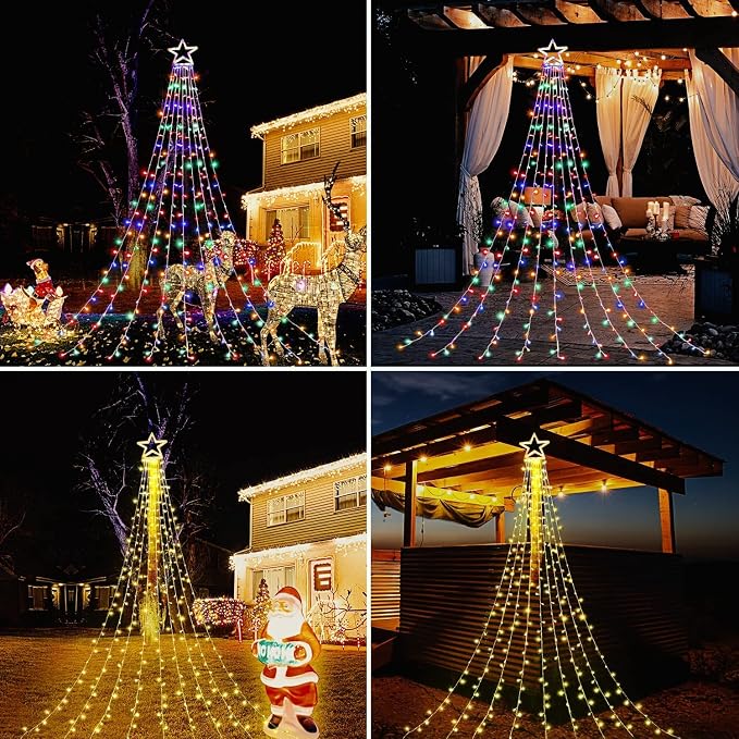 DANLI Outdoor Christmas Decoration Star String Lights,320 LED 16.4ft Christmas Lights Waterfall Tree Lights with 13" Topper Star,Plug-in Hanging Fairy Lights for Xmas New Year Holiday Party