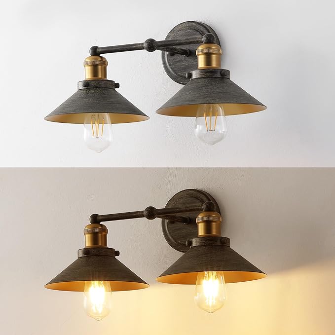 JONATHAN Y 17.5" Rustic Dark Gray/Brass Gold 2-Light Industrial Farmhouse Metal Vanity Light Wall Sconce, Metal Shade for Bathroom Mirror, Kitchen, Entryway, LED Bulb Included (JYL7427D)