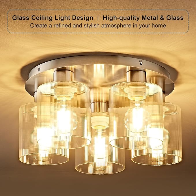 OKELI 5-Lights Semi Flush Mount Ceiling Light Kitchen Lighting Fixtures Ceiling Brushed Nickel Kitchen Cieling Light Fixtures with Clear Glass Shade for Dining Room Entryway Foyer Hallway