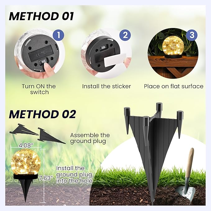 Solar Lights Outdoor for Yard Patio Porch, Garden Decor Birthday Gifts for Mom Women, Solar Globe Lights Waterproof Cracked Glass Ball Outdoor Decorations Balcony Backyard (4 Pack Warm White)