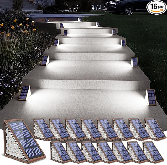 NIORSUN Solar Stair Lights,Cool White Outdoor Step Lights IP67 Waterproof Auto On Off, Outdoor Stair Lights for Steps,Stair,Patio,Yard,Porch,Front Door,Sidewalk,Deck Decor（Brown, 16 Pack）