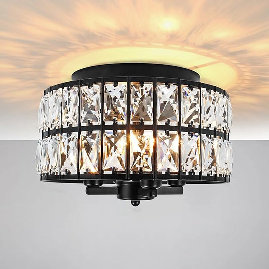 Black Crystal Flush Mount Ceiling Light, 4 Lights Black Dining Room Light Fixtures with E12 Base, Modern Close to Ceiling Light Fixture for Bathroom, Hallway, Kitchen, Bedroom, Entryway