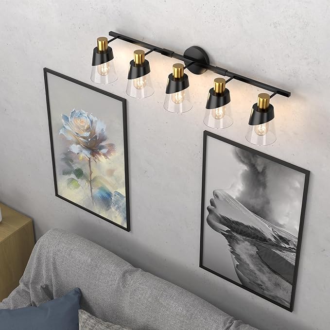 URSOLA Bathroom Light Fixtures, 5 Lights 36inch Black and Gold Vanity Light, Bathroom Lighting Fixtures Over Mirror, Wall Light with Clear Glass Shade, E26 Base (Bulbs Not Included)