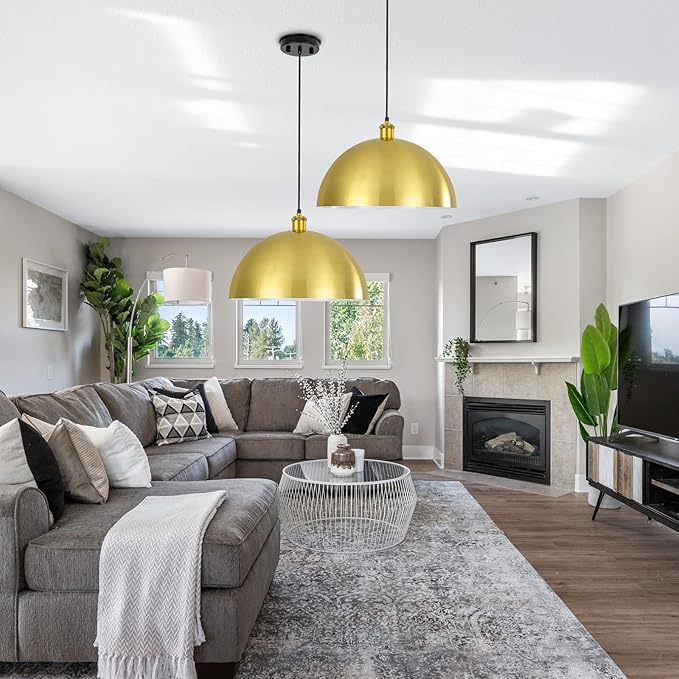 Gold Pendant Light, 16" Farmhouse Ceiling Light with Gold and White, Elegant Semi-Circular Shade Design, Adjustable Height Industrial Dome Pendant Lights for Kitchen Island, Dining Room