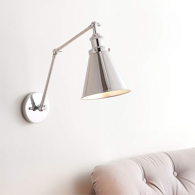 JONATHAN Y 7" Chrome Classic Industrial Metal Adjustable Arm LED Wall Sconce for Bedside Reading, Farmhouse Swing Arm Wall Lamp with Metal Shade, Hardwired JYL7460A
