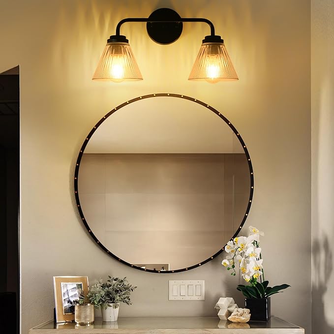 Modern Black Bathroom Vanity Light, 2-Light Wall Sconce with Clear Ribbed Glass Shades, Farmhouse Industrial Light Fixture for Bathroom, Vanity Mirror, Powder Room, Hallway (black, Powder Coated, 2)