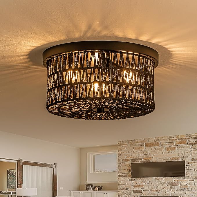 Black Rattan Light Fixture, 3 Light Flush Mount Ceiling Light, Boho Ceiling Light for Hallway, Entryway, Bedroom, Kitchen