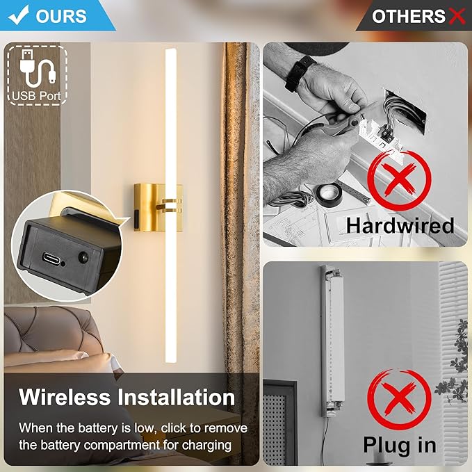 Battery Operated Wall Sconce 1Pack, Gold Rechargeable Wall Lights with Dimmable Remote Control, 30 Inch 3000K-6000K LED Wireless Wall Lamps for Bedroom, Hallway, Background Wall