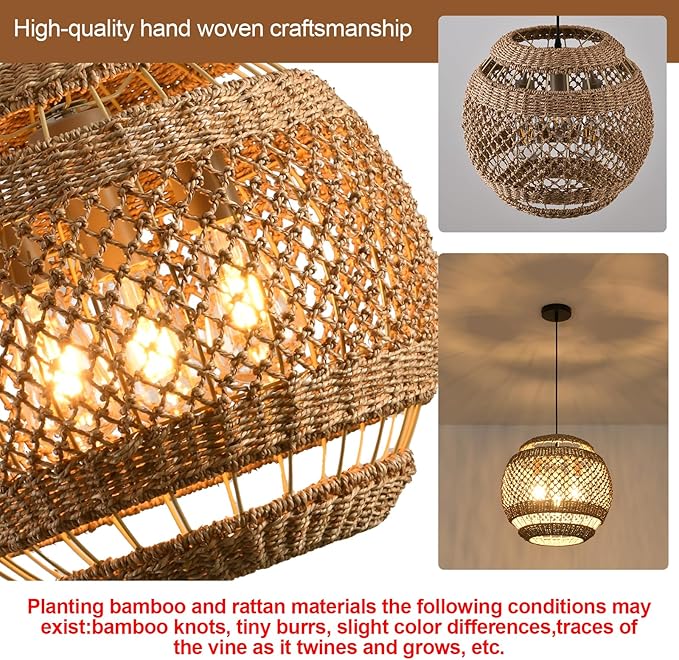 15.75" Rattan Pendant Light 3-Light Boho Seagrass Hanging Light Hand Woven Water Plants Rattan Chandelier for Dining Living Bedroom Kitchen Farmhouse