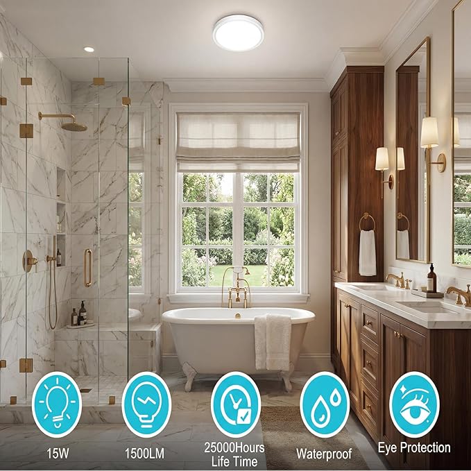 libtit 7 inch Flush Mount LED Ceiling Light Fixture, 3000K-6500K Adjustable, 15W 1500lm White Satin Round Ceiling Lamp for Bathroom Hallway Kitchen Bedroom, 6 Pack