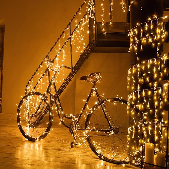 Icicle lights Outdoor - 33ft Christmas Lights with 400LED 75 Drops 8 Modes, Plug in Curtain String Lights Waterproof for Holiday Wedding Party Home Garden Bedroom Indoor Decoration, Warm White