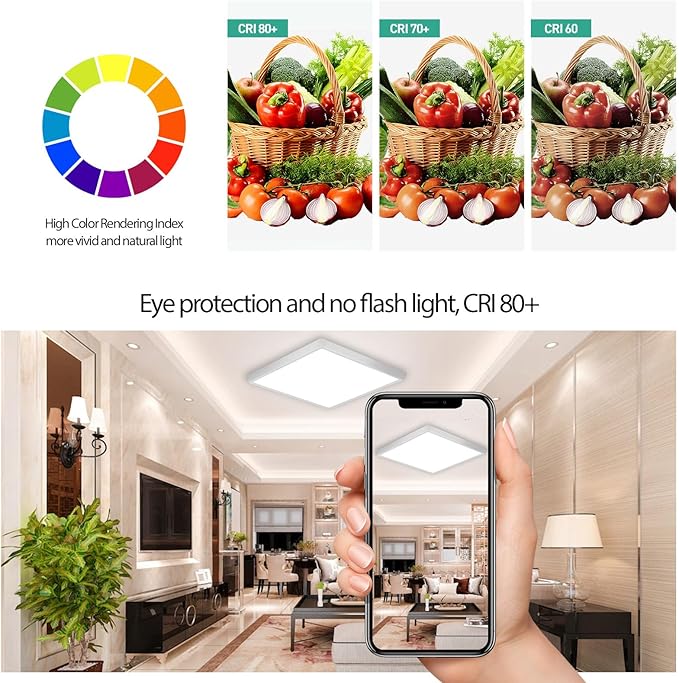 LED Flush Mount Ceiling Light Fixture 12 inch, 2400LM 3000K/4500K/6500K Hardwire Light Fixture, 24W Square LED Ceiling Light for Bedroom, Closet, Laundry, 250W Equiv. Non-Dimmable